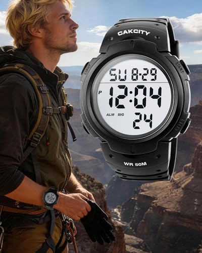 CakCity Men's Digital Sports Watch,50M Water Resistant,50mm Large Face,Stopwatch,Alarm,EL Backlight,Black,Ideal for Sport,Referee,Outdoor Work,Running Training & Daily Wear - Thumbnail 7