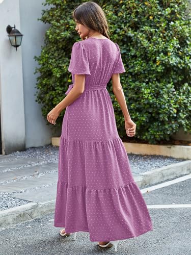 Image of MASCOMODA Women Boho Swiss Dot Maxi Dresses Wrap V Neck Flutter Short Sleeve Solid Tie Waist A Line Tiered Flowy Long Dresses