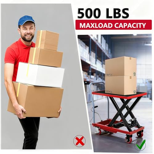 Image of Hydraulic Lift Table Cart, 500Lbs Load Capacity 28.5 Inch Lifting Height, Manual Single Scissor Lift Table with Non-Slip Pad and 4 Wheels,Hydraulic Scissor Cart (500lbs - Single - Red Black)