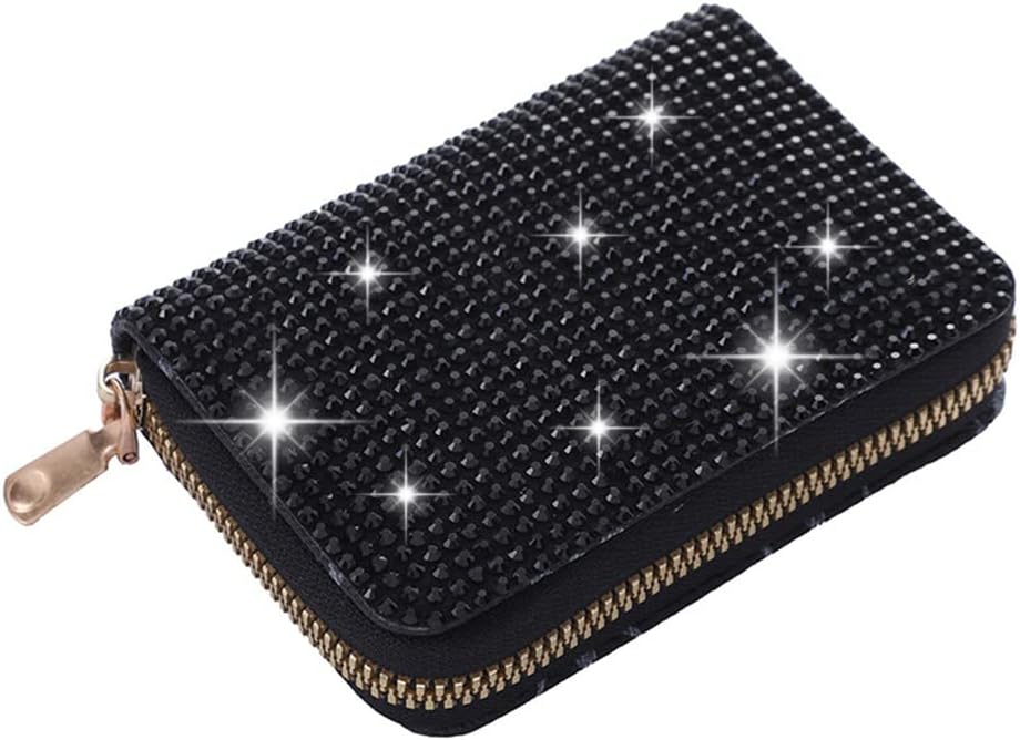Rhinestone Credit Card Holder Multilayer Zipper Case Bling Crystal Small Wallet Car Driver's License for Women Girl Best Gift (Black)