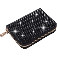 Rhinestone Credit Card Holder Multilayer Zipper Case Bling Crystal Small Wallet Car Drivers License for Women Girl Best Gift Black