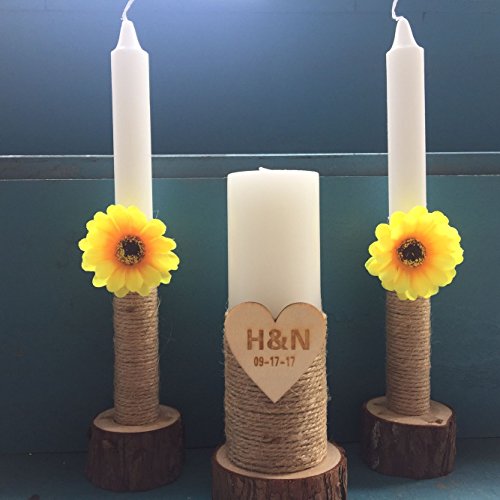 mylifemylove Rustic Unity - Juego de 3 velas con girasoles, incluye pilar de 6 pulgadas y velas cónicas de 10 pulgadas