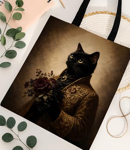 Image of Cute Cat Canvas Tote Bag for Women， Aesthetic Reusable Shoulder Bag for Shopping Travel Work