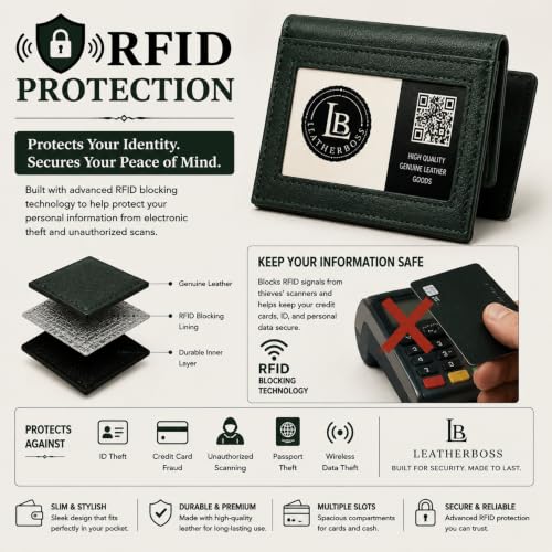 Image of LB LEATHERBOSS Slim Thin Leather Credit Card Triple ID Window Mini Wallet Bifold Driver License Safe (Green)