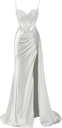 Womens Spaghetti Strap Prom Dresses Long with Slit Sparkly Lace Applique Mermaid Formal Evening Gowns