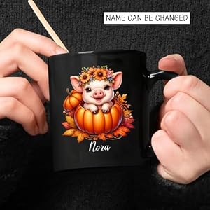 Fall Pig Wearing Flower Wreath Cup Baby Pig in Pumpkin Porcelain Mug Custom Pig Autumn Mug Personalized Pig Coffee Cup for Farmhouse Halloween Pig Lover Gift Black Tea Mug 11oz 15oz