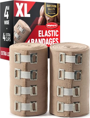 Premium Elastic Bandage Wrap - 2Pack + 4 Extra Clips - 4” Wide - [Extra Long] - 9ft not Stretched - Compression Bandage Wrap - Knee, Elbow, Body Wrap