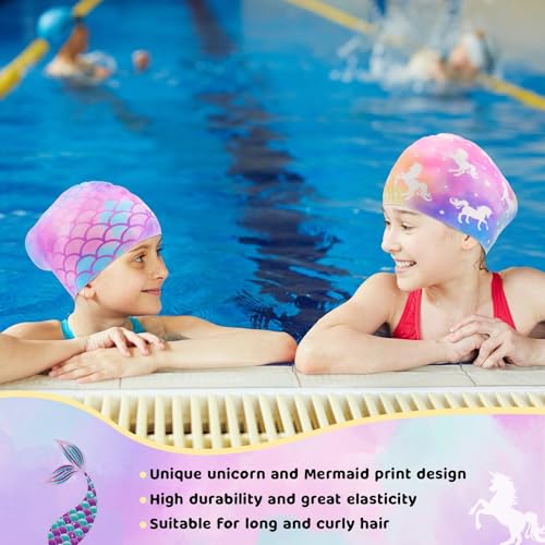 Image of 2 Pack Kids Swim Cap Silicone Waterproof Swim Caps for Boys Girls | (3-6 Years) Unicorn Mermaid Design Swimming Cap for Kids 3-6 Long and Short Hair (Mermaid&Unicorn)