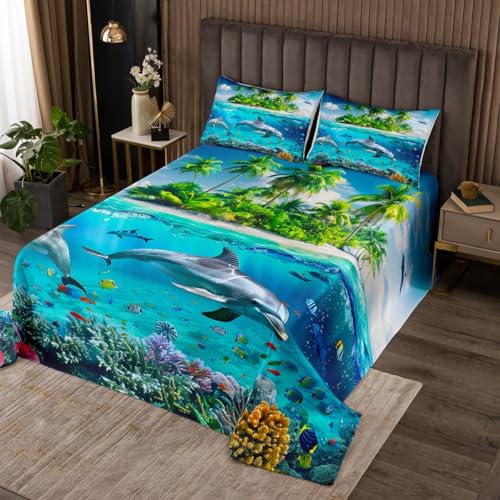 Erosebridal Underwater World Bedspread Hawaii Beach Quilted Queen,Island Mediterranean Coverlet Set Tropical Sealife Quilt Set Nautical Sea Animal Ocean Theme Bedroom Decor for Child Kids