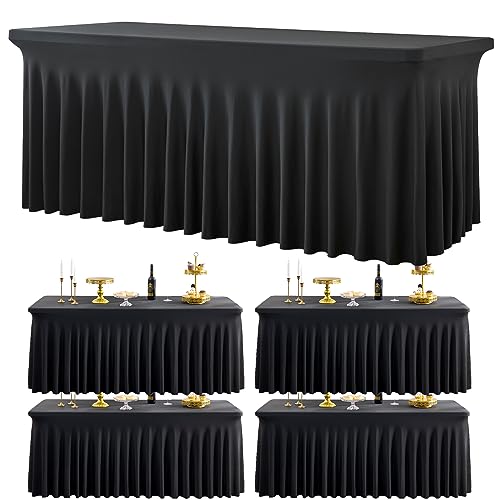 Image of 5 Pack Black Spandex Tablecloth for 6 Foot Rectangle Tables, Fitted Table Cloths 6ft Stretchy Table Cover Desk Skirt for Parties Weddings Birthday Banquet Graduation Metting Baby Shower