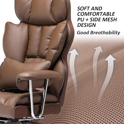 Image of Efomao Desk Office Chair Big High Back Chair PU Leather Computer Chair Managerial Executive Swivel Chair with Lumbar Support (Brown)