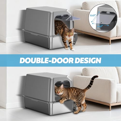 Image of WoofiGo Enclosed Stainless Steel Cat Litter Box with Lid, XL Extra Large Litter Box for Big Cats, Metal Litter Pan High Sided, Never Absorbs Odors, Anti-Urine Leakage, Include Scoop (Light Grey)