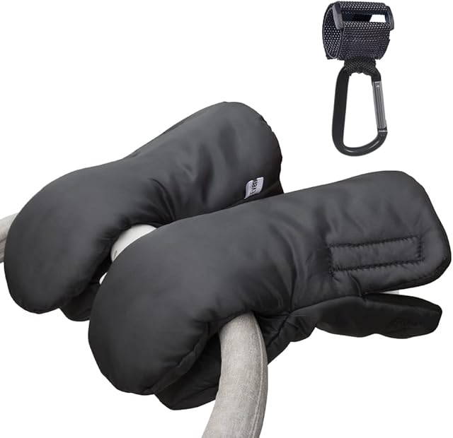 Evencaphy Pram Gloves Universal Stroller Handmuffs Fleece Pushchair Hand Warmers Golf Cart Gloves Waterproof Anti-Freeze Winter Gloves with Stroller Hook, Black
