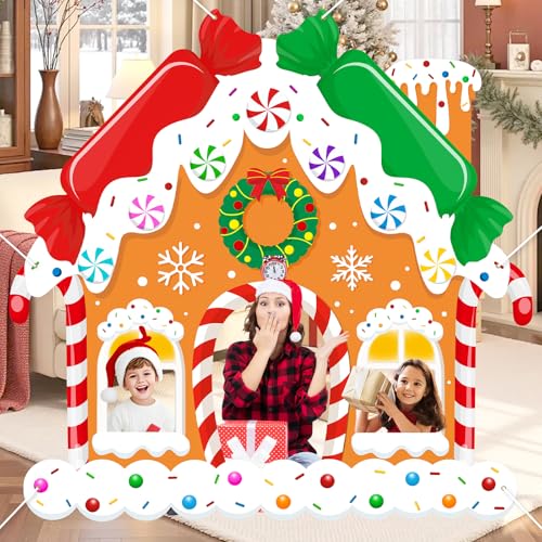 Gingerbread House Photography Backdrop Christmas Photo Booth Backdrop Polyester Xmas Photo Booth Background with Gingerbread House Party Decorations for Kids & Adults 59x59 Inch
