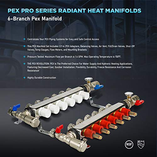 Image of Midline Valve NQT106 PEX Manifold 1 /2 in. for Radiant Heating System; with Valves, Vents, Gauges, and Mounting Brackets; Stainless Steel; 6 Port