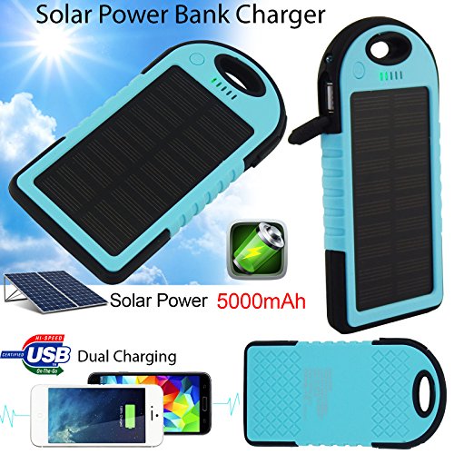 Cargador Solar Bositools 5000 mAh iluvia cetogénico y suciedad/doble puerto USB cargador portátil plàstico batería portátil paquete de energía Solar banco de la energía Solar cargador USB cargadores de teléfono con batería externa cargador Solar batería externa cargador para iPhone 6 Plus 5S 5C 5 4S 4, iPad Mini aire, iPods (Apple adaptadores no incluidos), Samsung Galaxy S5 S4 S3, nota 4 3 2, Nexus, HTC, teléfonos Android, Windows Phone, altavoces Bluetooth, MP3, tabletas y otros dispositivos (azul)