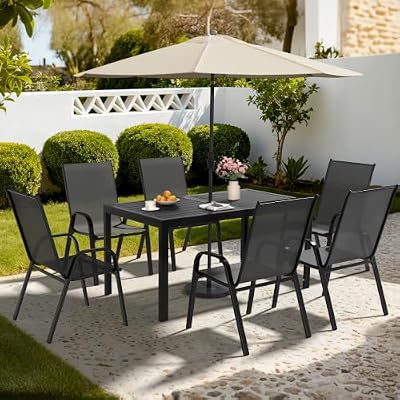 Pamapic Outdoor Dining Sets for 6, Rectangular Steel Slat Table with 6 Textilene Chairs, 7 Piece Patio Table and Chairs Set with Umbrella Hole for Patio, Garden, Backyard and Poolside (Jet Black)