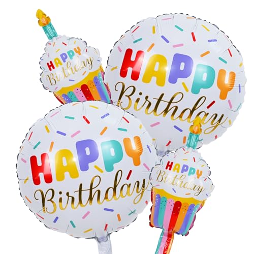 Happy Birthday Cupcake Cute Foil Balloons Rainbow Sprinkle Happy Birthday Inflatable Mylar Round Balloon and Mini Cupcake Helium Balloons for Kids Children Girls Sweet birthday Party Decorations