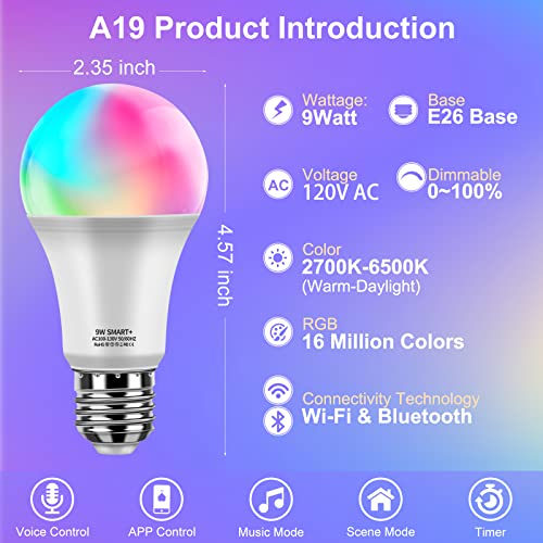 Hansang Led Smart Light Bulbs, A19 Wifi Rgb White Color Changing Light Bulb, Works With Alexa & Google Assistant, E26 Base, 2700K-6500K Tunable White, 9W 60W Incandescent Equivalent, 800Lm, 2 Pack #TOP1