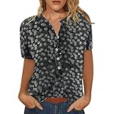 Musselin Bluse Damen Bluse Kurzarm V-Ausschnitt Hemdbluse Sommer Shirt Blumen Knopfleiste Tunika Tops Oversize Locker Oberteil Longshirt Hemd