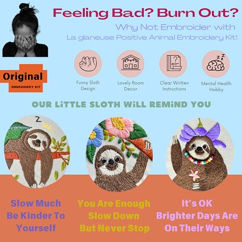 Image of La glaneuse 3 Pack Embroidery Kit for Adult, Beginner Embroidery Kit of Positive Sloth Patterns with Positive Healling Quotes for Mental Healing