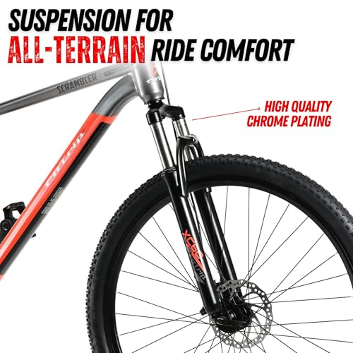 Image of FitTrip 27.5T Scrambler Mountain Bike Cycle for Men & Women, Single Speed MTB Bicycle with Steel Alloy Frame, Hartex Tyres, Fully Fitted, Zero Maintenance (Liquid Metal -Red)