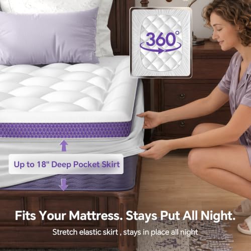 Image of ChiXpace Full Mattress Topper, Viscose Derived from Bamboo, Soft Pillow Top | Cushioned Support, Breathable Mesh Sides, Memory Foam Blend Fill, Softens Firm Beds, Refreshes Old Beds, Guest Rooms, Rentals