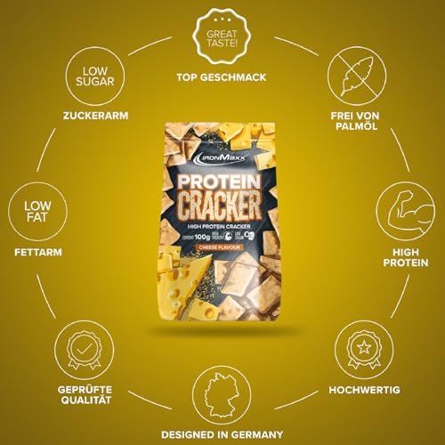 IronMaxx Protein Cracker - Cheese 100g | Knuspriger und zuckerarmer Snack mit 21% Eiweiß | Gebacken und nicht frittiert