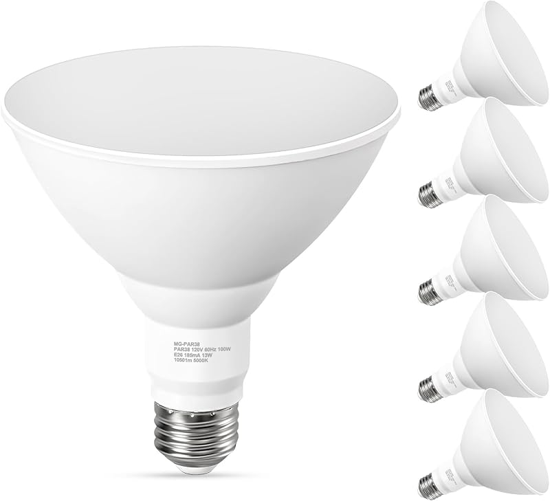 GvvooHome Bombillas LED PAR38 para exteriores, equivalente a 100 W, luz blanca diurna de 5000 K, reflector LED impermeable regulable para porche, patio, garaje, base E26 1050 lm, 13 W, 15 000 horas, paquete de 6