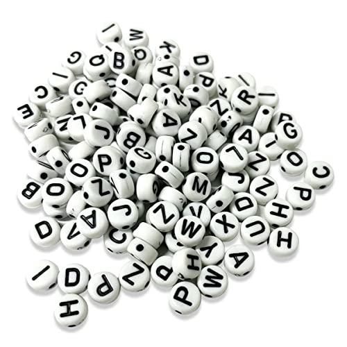 300 Miçangas Brancas Conta Letras Pretas Redondas Alfabeto Completo Para Colar Infantil Pulseira Art