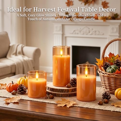 Image of Amagic Clear Glass Flameless Candles Battery Operated with Timer, Remote Control, LED Pillar Candles, Battery Powered for Halloween, Thanksgiving, Fall Home Decor, Orange, Set of 3
