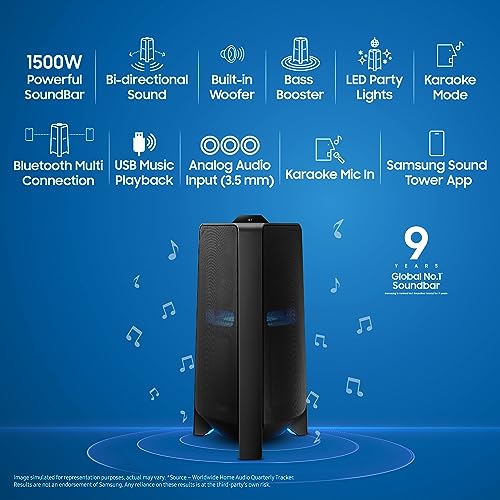 Image of Samsung {MX-T70 /XL) Sound Tower High Power Audio, Floor Standing Speaker, Bi-Directional Sound, Water Resistant, Party Lights, Bluetooth Multi-Connection, USB Music Playback (Black)