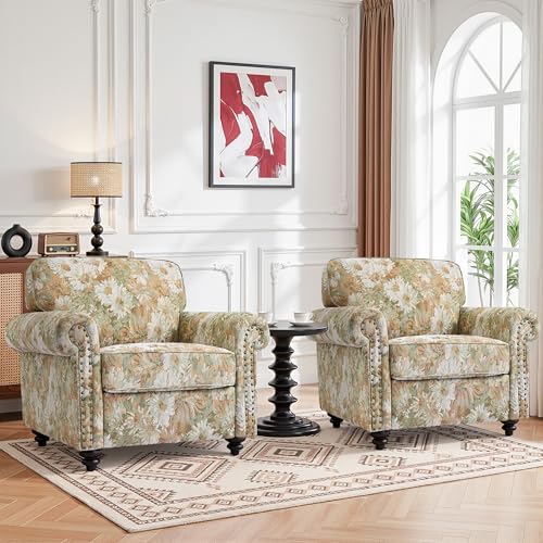 UIXE Floral Accent Chairs Set of 2, Nailhead Trim Armchair in Fabric, Sand | Comfy Reading Chair with Removable Cushion, Modern Printed Living Room Chair, Rolled Armrest & Wider Seat, 37" x 32" x 35"