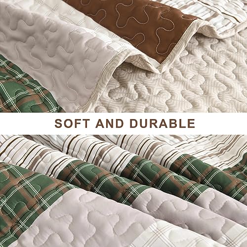 DJY Striped Quilt Set King Size, Boho Brown Green Striped Bedspread Coverlet Set Soft Microfiber Patchwork Quilt Bedding Set 3 Pieces for All Season(110"x90") by DJY - Image 7