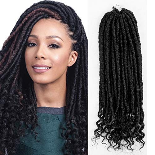 Goddess Faux Locs Crochet Hair Braids 6 Packs 16" Straight Faux Locs with Curly Ends Twist Braiding Hair Brown Synthetic Hair Dreadlocks Fiber (16", 1B(Black)