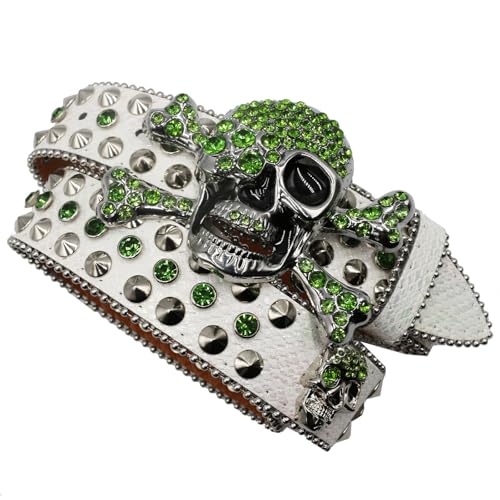Rhinestone Skull Head Belt for Men Women–Trendy Punk Fashion with Stylish Studded Design, Perfect for Hip Hop and Jeans(125cm/49, Green)2