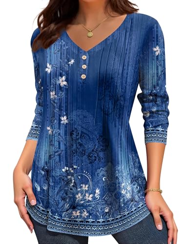 Zeagoo Womens Long Sleeve Tops V-Neck Loose Fit Shirts Pleated Print T-Shirts Dressy Casual 2025 Tunics