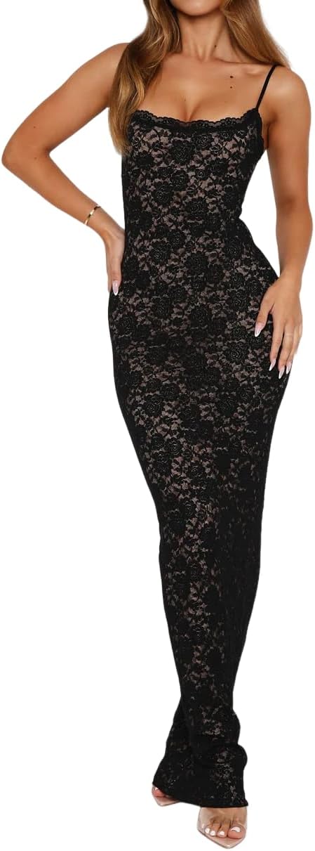 Lingt Chic Women's Lace Maxi Dress Spaghetti Strap Slim Fit Sleeveless Gown with Lace Bust for Evening & Party