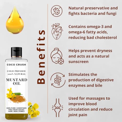 Image of COCO CRUSH Cold Pressed Mustard Oil for Cooking | Extra Virgin, 100% Pure & Natural | Premium Mustard Oil for Healthy Cooking & Baking | Packed with Nutrients for Heart, Skin & Overall Wellness (100ML)