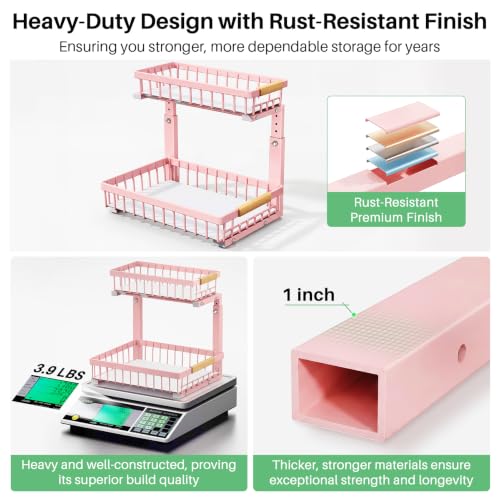 Image of Kitstorack Under Sink Organizer, 2 Tier Under the Sink Storage, Slide out Pull out Cabinet Organizer Shelf, Metal Sliding Drawer for Kitchen Bathroom Pantry Closet Organization Rack, Pink, 2 Pack