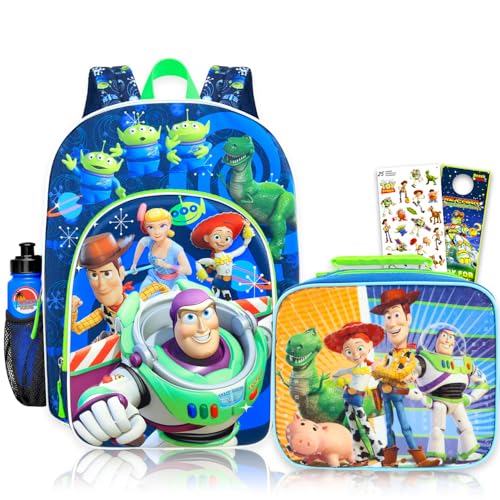 Disney Mochila Toy Story com lancheira para crianças – Pacote com bolsa escolar Woody e Buzz Lightyear de 40,6 cm, lancheira, garrafa de água, adesivos, mais | Conjunto de mochila e lancheira Toy
