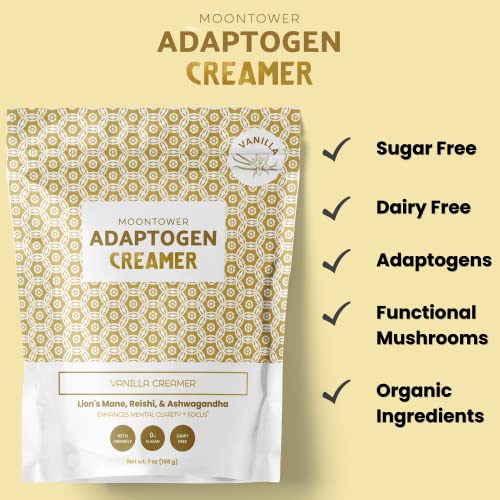 Moontower Superfood Keto Creamer - Mct Oil, Lions Mane, Reishi, Ashwagandha, For Mushroom Coffee, Matcha, Chai, & Smoothies | Gut Health, Functional Powder, Vegan, Dairy Free, Vanilla, 7Oz, 1 Bag #TOP5