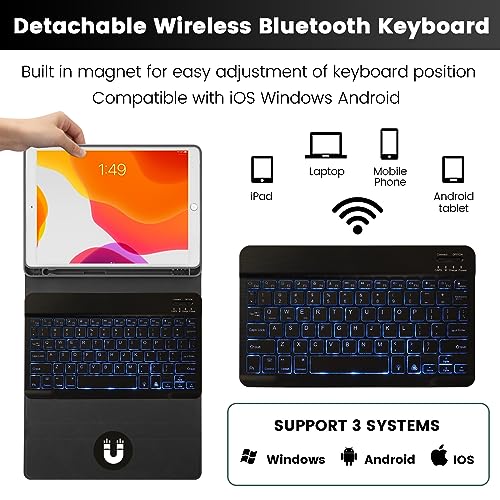 Image of SOPPY 7-Color Keyboard Case for iPad 9th Gen 2021, 8th Gen 2020, 7th Gen 2019 10.2 inch, Air 3 & Pro 10.5 inch, Detachable Wireless Keyboard with Backlight, Slim Protective Cover, Rechargeable, Black