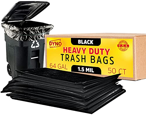 Image of Dyno Products Online 64 Gallon Heavy Duty Trash Bags, 50 Count, 1.5 Mil Black - Individually Folded, Industrial Strength, Made in USA
