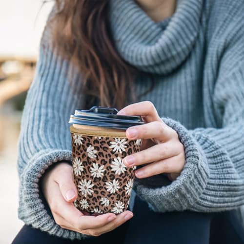 Image of Reusable Insulated Sleeve for Iced Coffee Cup, 3-Pack Coffee Neoprene Drink Sleeve for Cold & Hot Drinks, Beverage Holder for Iced Coffee (Leopard Daisies)