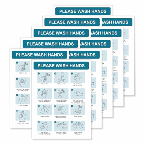 Please Wash Hands Self-Adhesive Vinyl Signs Stickers 10 Pack by Viro Display - 150 x 200mm - Waterproof Vinyl Made from Polypropylene