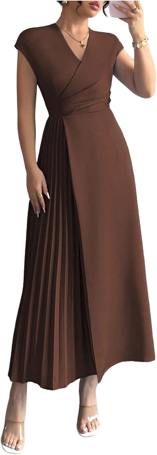 OYOANGLE Women's Elegant Cap Sleeve Belted Maxi Dress Wrap V Neck Pleated Long Dress
