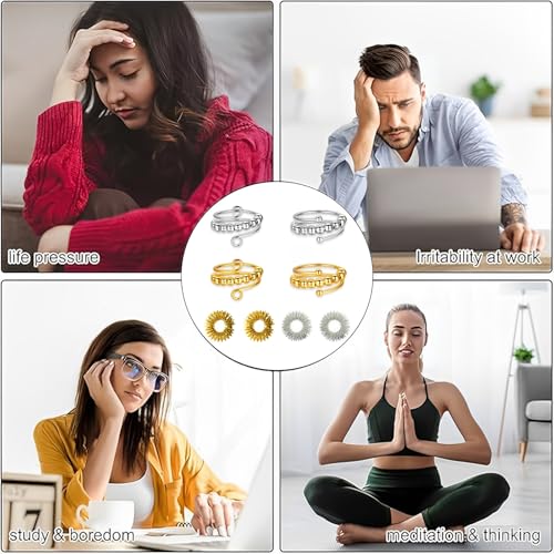 AMSNINK 4 Stück Verstellbare Anti-Stress-Ring Mit 4 Stück Akupressur Ringen, Fidget Ring, Anxiety Ringe, Antistress Ringe, Für Mädchen Und Frauen Stress Relief Ängstlichkeit