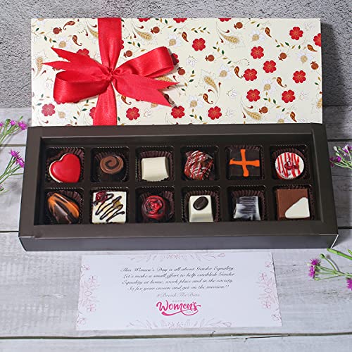 Image of Velvet Fine Chocolates Womens Day Gift Hamper with Greeting Card | 12 Assorted Chocolate Gift Pack for Ladies, Mom, Daughter, Wife, Employees