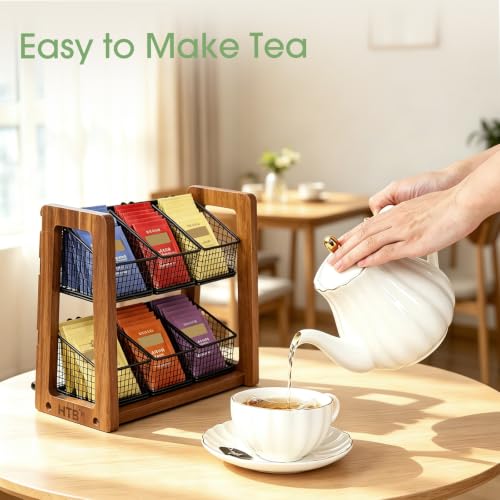 HTB 2 Tier Tea Organizer for Tea Bags with 6 Removable Metal Baskets | Acacia Wood Tea Bag Holder for Sugar Packets, Sweeteners, Creamers,Tea Bag Box Caddy for Cabinet, Counter,Office Wall-mounted